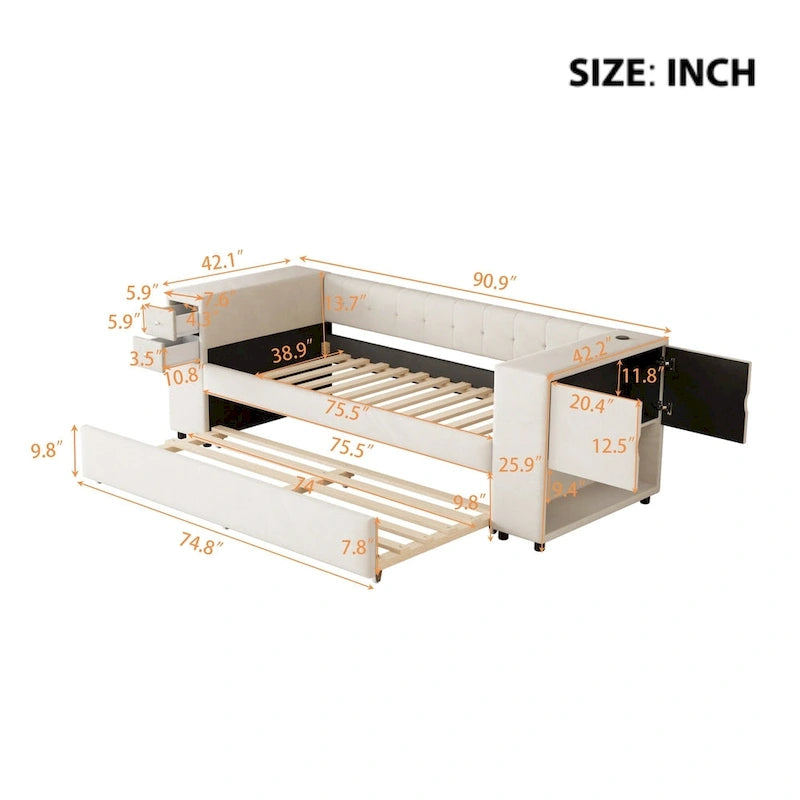 Upholstered Velvet Daybed Storage Bed Frame with USB Charging Ports