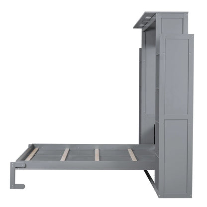 Nordic Creative Queen Size Murphy Bed with Shelves and LED Lights Wall Bed for Kids Teens Adults Space-Saving, Easy Assembly