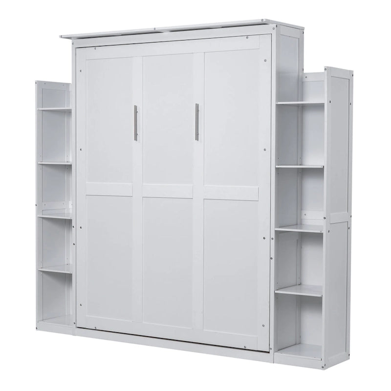 Nordic Creative Queen Size Murphy Bed with Shelves and LED Lights Wall Bed for Kids Teens Adults Space-Saving, Easy Assembly