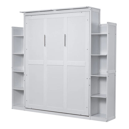 Nordic Creative Queen Size Murphy Bed with Shelves and LED Lights Wall Bed for Kids Teens Adults Space-Saving, Easy Assembly