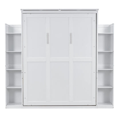 Nordic Creative Queen Size Murphy Bed with Shelves and LED Lights Wall Bed for Kids Teens Adults Space-Saving, Easy Assembly