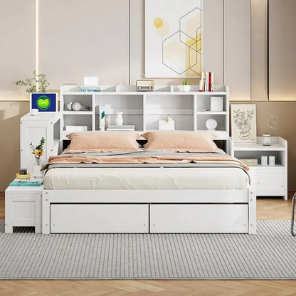 Full Size Wooden Platform Bed with Storage, Nightstand, Desk, USB Ports & 2 Drawers,White
