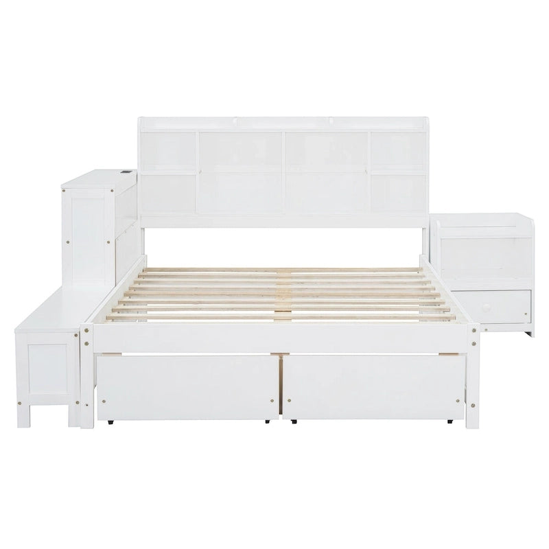 Full Size Wooden Platform Bed with Storage, Nightstand, Desk, USB Ports & 2 Drawers,White