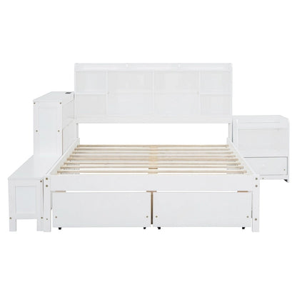 Full Size Wooden Platform Bed with Storage, Nightstand, Desk, USB Ports & 2 Drawers,White