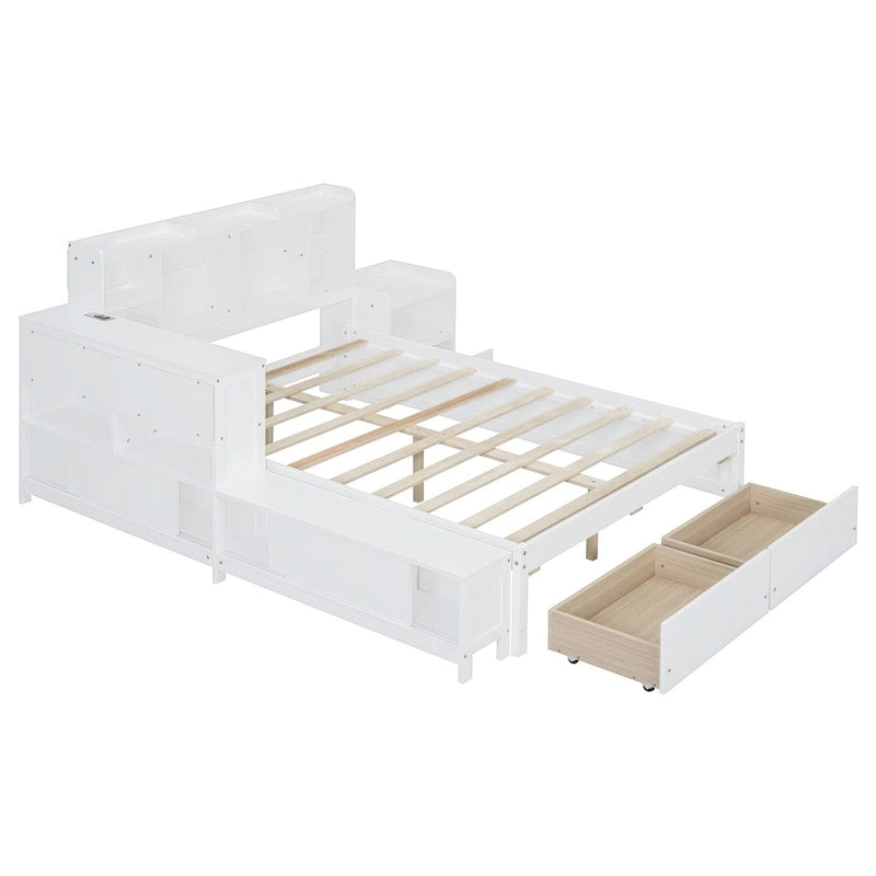 Full Size Wooden Platform Bed with Storage, Nightstand, Desk, USB Ports & 2 Drawers,White