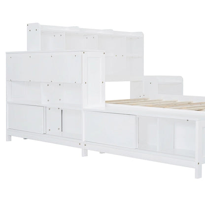 Full Size Wooden Platform Bed with Storage, Nightstand, Desk, USB Ports & 2 Drawers,White