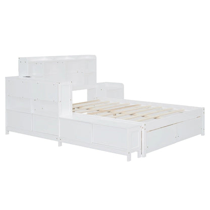 Full Size Wooden Platform Bed with Storage, Nightstand, Desk, USB Ports & 2 Drawers,White