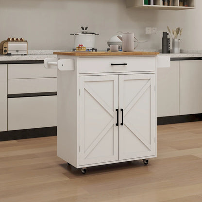 Kitchen Trolley Carts On Wheels Rolling Kitchen Island Cart W/Rubber-wood Countertop, With 1 Drawer 2 Doors, Towel Rack