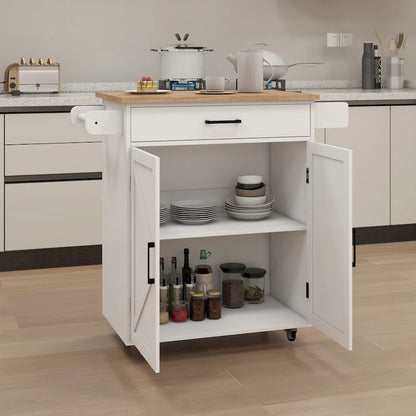 Kitchen Trolley Carts On Wheels Rolling Kitchen Island Cart W/Rubber-wood Countertop, With 1 Drawer 2 Doors, Towel Rack