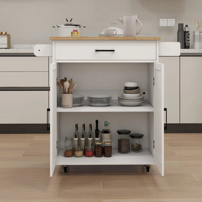 Kitchen Trolley Carts On Wheels Rolling Kitchen Island Cart W/Rubber-wood Countertop, With 1 Drawer 2 Doors, Towel Rack