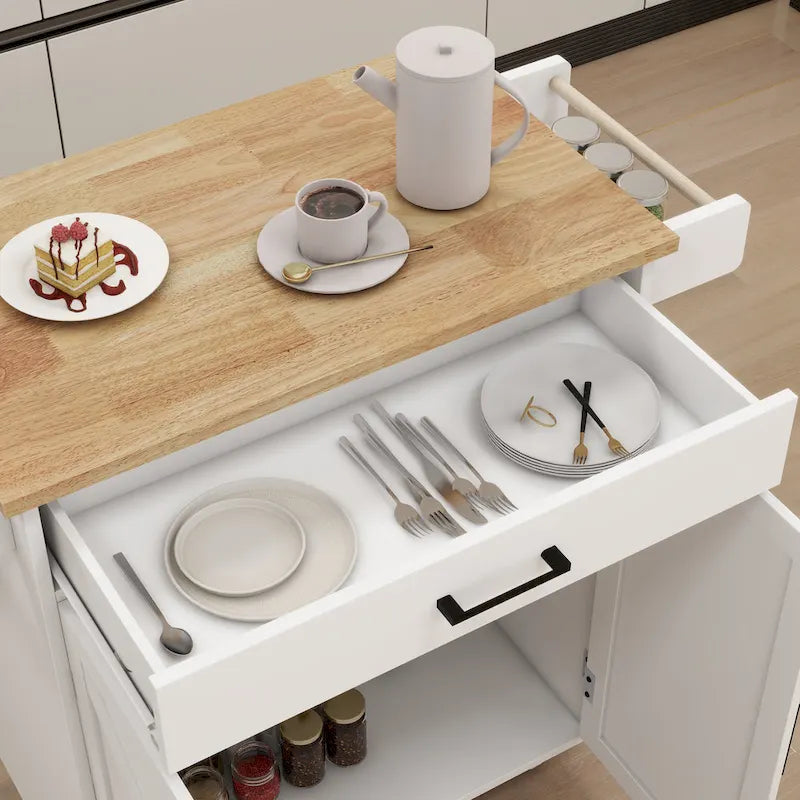Kitchen Trolley Carts On Wheels Rolling Kitchen Island Cart W/Rubber-wood Countertop, With 1 Drawer 2 Doors, Towel Rack