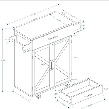 Kitchen Trolley Carts On Wheels Rolling Kitchen Island Cart W/Rubber-wood Countertop, With 1 Drawer 2 Doors, Towel Rack