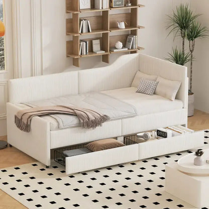 Twin Size L-Shaped Corduroy Daybed,Upholstered Bed Frame with 2 Storage Drawers, Beige