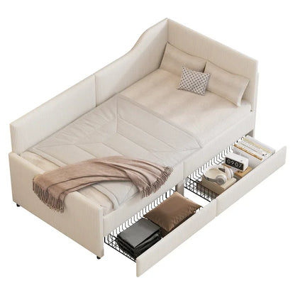 Twin Size L-Shaped Corduroy Daybed,Upholstered Bed Frame with 2 Storage Drawers, Beige