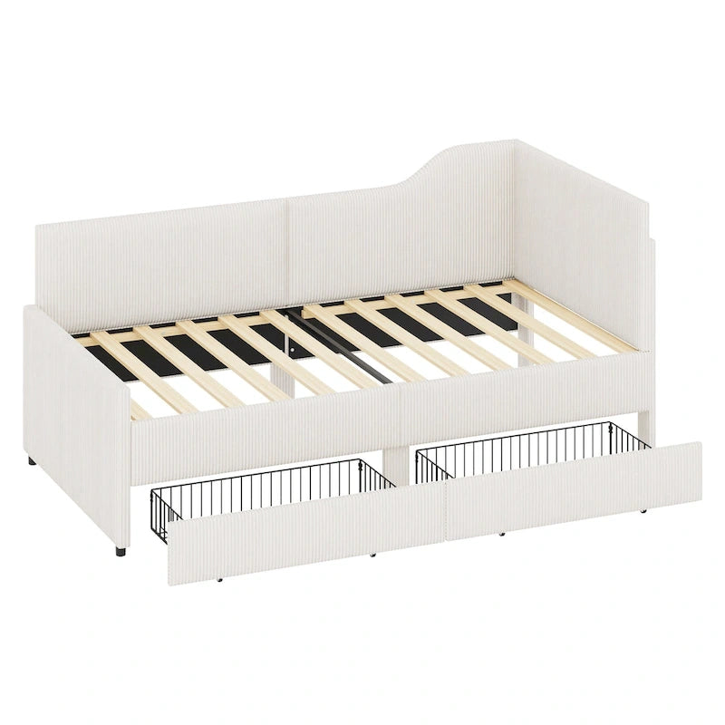 Twin Size L-Shaped Corduroy Daybed,Upholstered Bed Frame with 2 Storage Drawers, Beige
