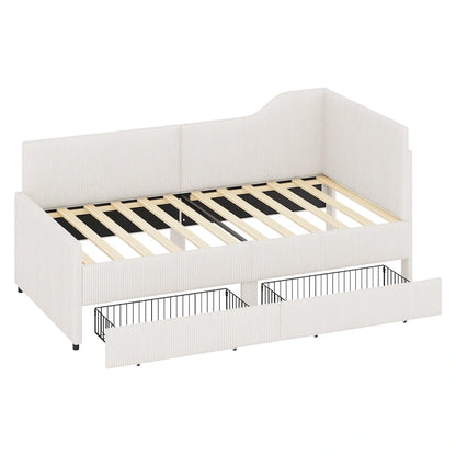 Twin Size L-Shaped Corduroy Daybed,Upholstered Bed Frame with 2 Storage Drawers, Beige