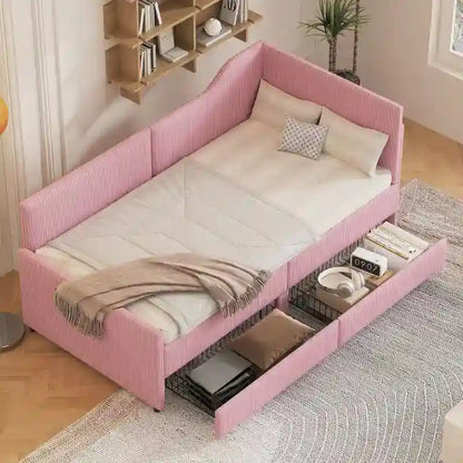 Twin Size L-Shaped Corduroy Daybed,Upholstered Bed Frame with 2 Storage Drawers, Beige