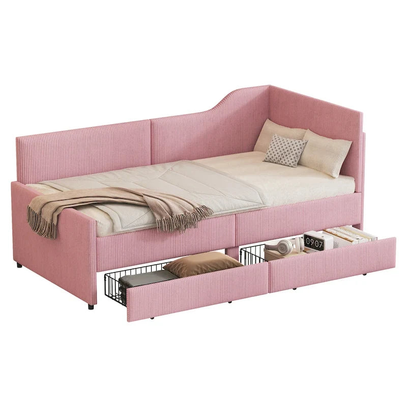 Twin Size L-Shaped Corduroy Daybed,Upholstered Bed Frame with 2 Storage Drawers, Beige