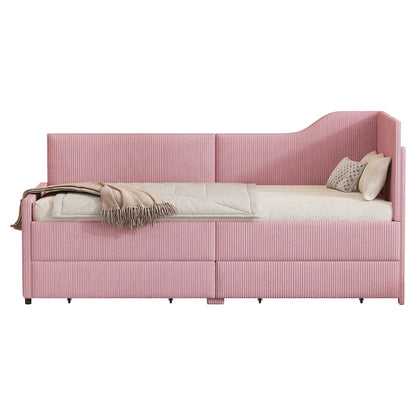 Twin Size L-Shaped Corduroy Daybed,Upholstered Bed Frame with 2 Storage Drawers, Beige