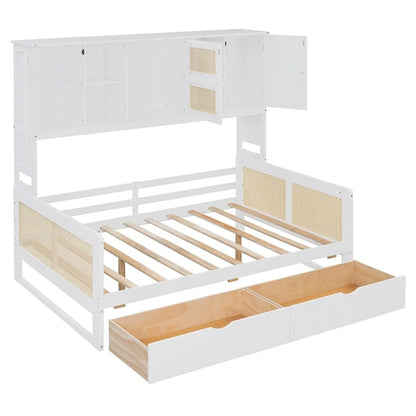Modern Full Size Wood Daybed Storage Platform Bed Frame with All-in-One Cabinet, 2 Drawers and Shelf