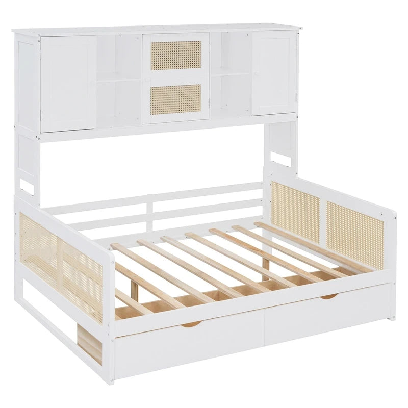 Modern Full Size Wood Daybed Storage Platform Bed Frame with All-in-One Cabinet, 2 Drawers and Shelf
