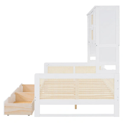 Modern Full Size Wood Daybed Storage Platform Bed Frame with All-in-One Cabinet, 2 Drawers and Shelf