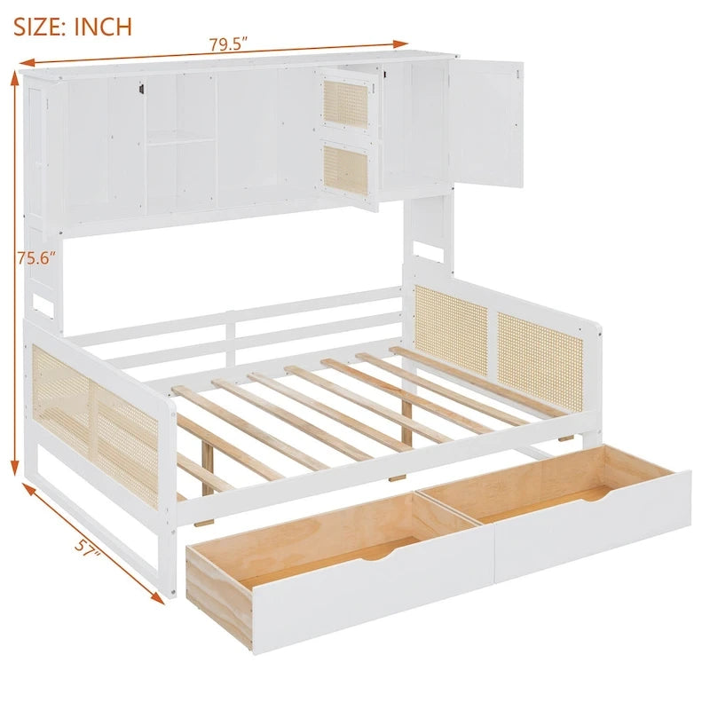 Modern Full Size Wood Daybed Storage Platform Bed Frame with All-in-One Cabinet, 2 Drawers and Shelf