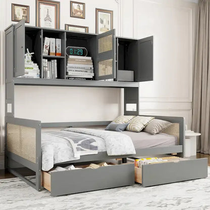Modern Full Size Wood Daybed Storage Platform Bed Frame with All-in-One Cabinet, 2 Drawers and Shelf