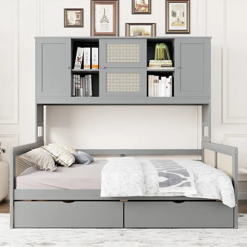 Modern Full Size Wood Daybed Storage Platform Bed Frame with All-in-One Cabinet, 2 Drawers and Shelf
