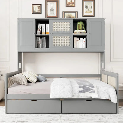 Modern Full Size Wood Daybed Storage Platform Bed Frame with All-in-One Cabinet, 2 Drawers and Shelf