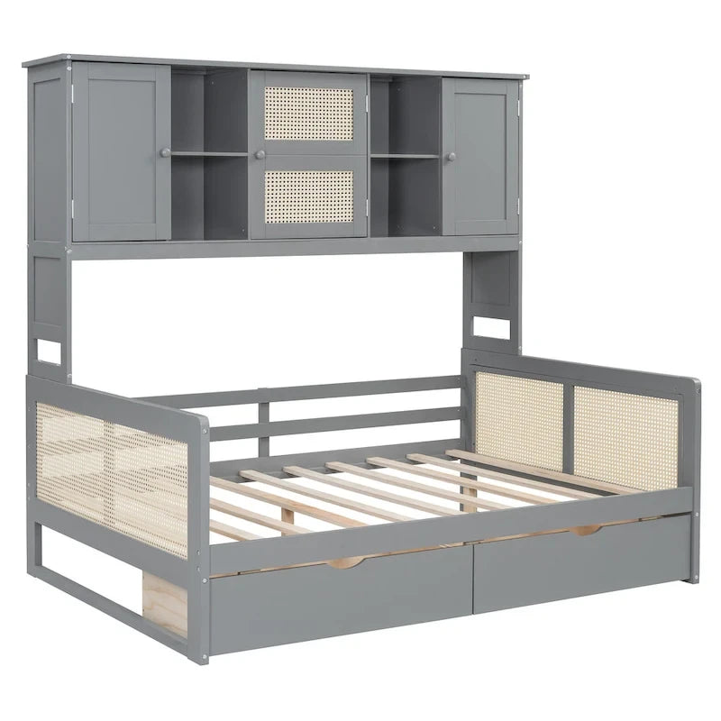 Modern Full Size Wood Daybed Storage Platform Bed Frame with All-in-One Cabinet, 2 Drawers and Shelf