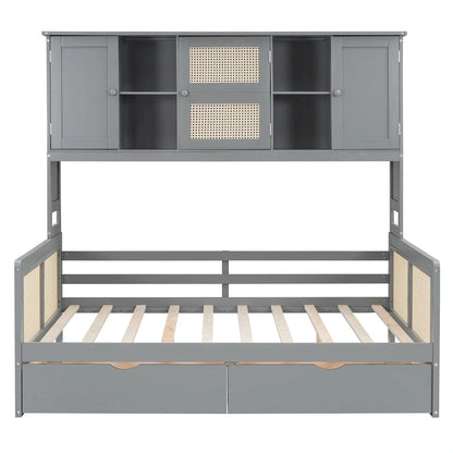 Modern Full Size Wood Daybed Storage Platform Bed Frame with All-in-One Cabinet, 2 Drawers and Shelf