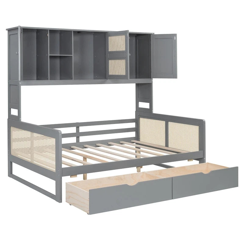 Modern Full Size Wood Daybed Storage Platform Bed Frame with All-in-One Cabinet, 2 Drawers and Shelf