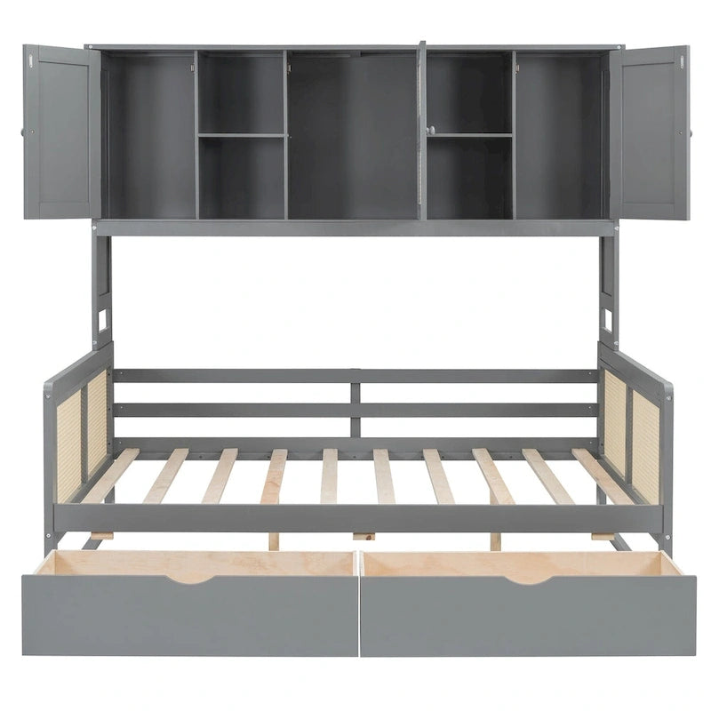 Modern Full Size Wood Daybed Storage Platform Bed Frame with All-in-One Cabinet, 2 Drawers and Shelf