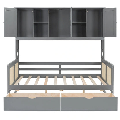 Modern Full Size Wood Daybed Storage Platform Bed Frame with All-in-One Cabinet, 2 Drawers and Shelf