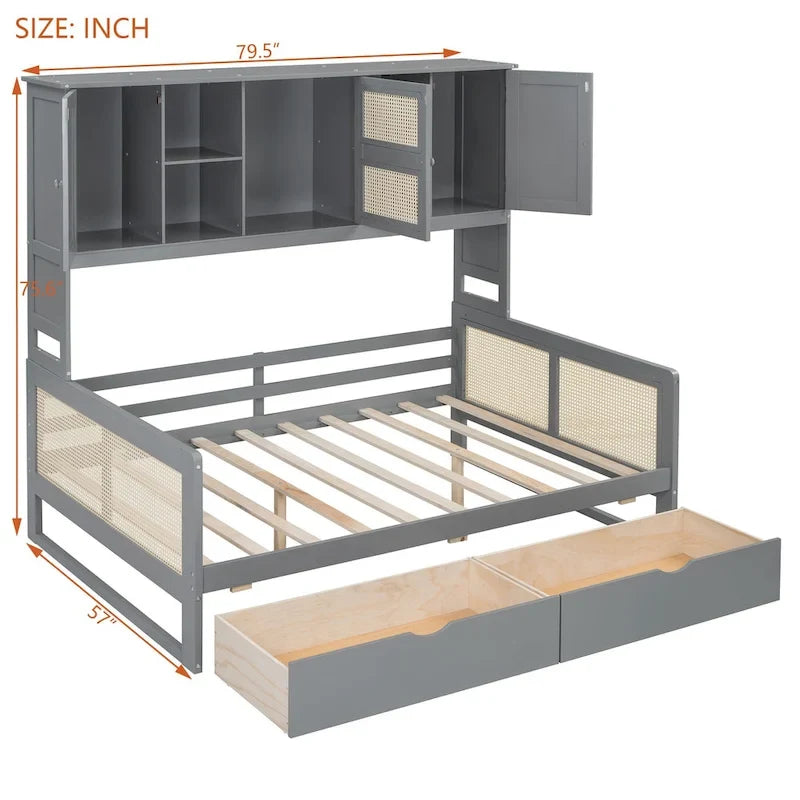 Modern Full Size Wood Daybed Storage Platform Bed Frame with All-in-One Cabinet, 2 Drawers and Shelf