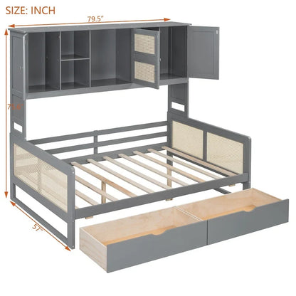 Modern Full Size Wood Daybed Storage Platform Bed Frame with All-in-One Cabinet, 2 Drawers and Shelf