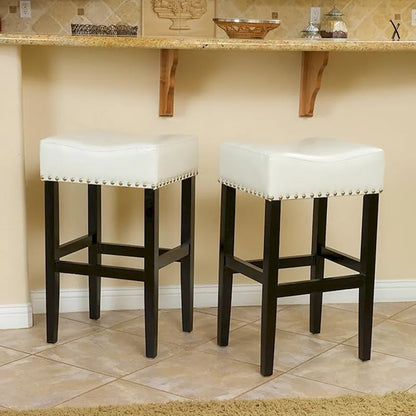 Roomfitters 30 Backless Leather Counter Stools, Set of 2 Upholstered Bar Height Chairs with Wood Frame, Ivory