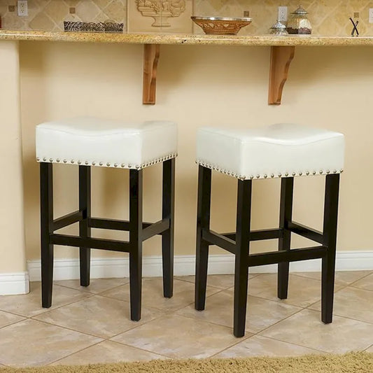Roomfitters 30 Backless Leather Counter Stools, Set of 2 Upholstered Bar Height Chairs with Wood Frame, Ivory