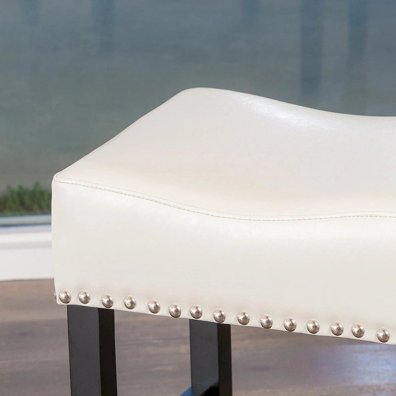 Roomfitters 30 Backless Leather Counter Stools, Set of 2 Upholstered Bar Height Chairs with Wood Frame, Ivory