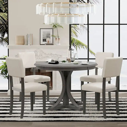 5-Piece Retro Round Dining Table Set Farmhouse Kitchen Dining Table Sets with Curved Trestle Table Legs for Dining Room