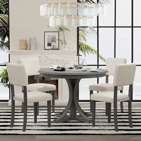 5-Piece Retro Round Dining Table Set Farmhouse Kitchen Dining Table Sets with Curved Trestle Table Legs for Dining Room