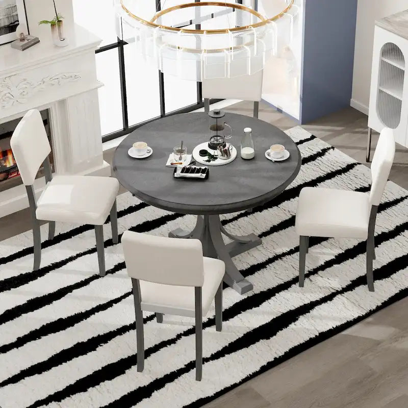 5-Piece Retro Round Dining Table Set Farmhouse Kitchen Dining Table Sets with Curved Trestle Table Legs for Dining Room