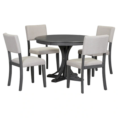 5-Piece Retro Round Dining Table Set Farmhouse Kitchen Dining Table Sets with Curved Trestle Table Legs for Dining Room