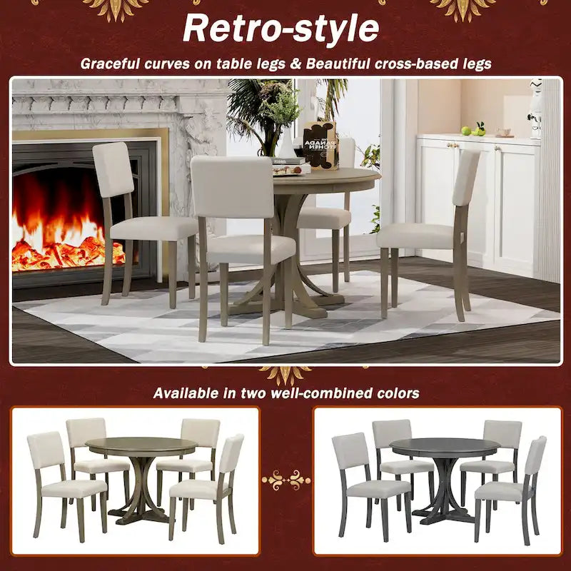 5-Piece Retro Round Dining Table Set Farmhouse Kitchen Dining Table Sets with Curved Trestle Table Legs for Dining Room