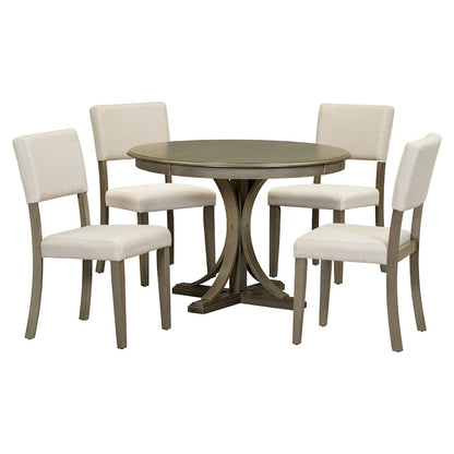 5-Piece Retro Round Dining Table Set Farmhouse Kitchen Dining Table Sets with Curved Trestle Table Legs for Dining Room
