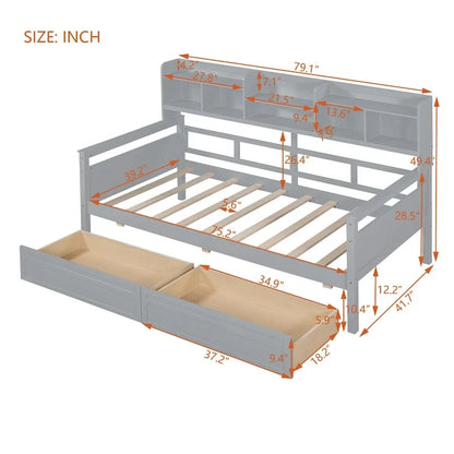 Twin Daybed with Storage Drawers & Shelves, Solid Wood Frame