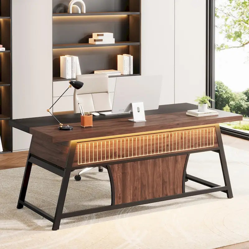63-Inch Executive Office Desk with Storage Shelf and LED Light, Walnut & Black