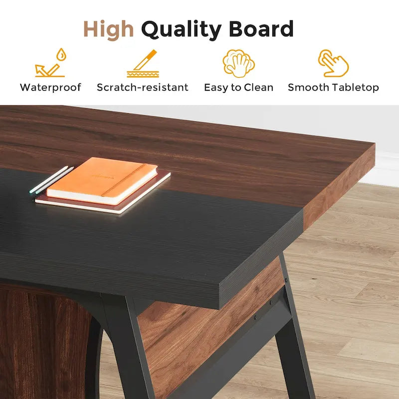 63-Inch Executive Office Desk with Storage Shelf and LED Light, Walnut & Black