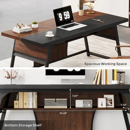 63-Inch Executive Office Desk with Storage Shelf and LED Light, Walnut & Black